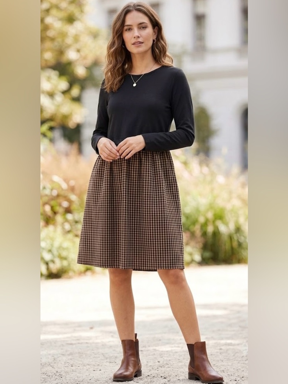 2014 J.Jill Black & Brown Gingham Long Sleeve Shift Dress S P Cotton Modal Rayon